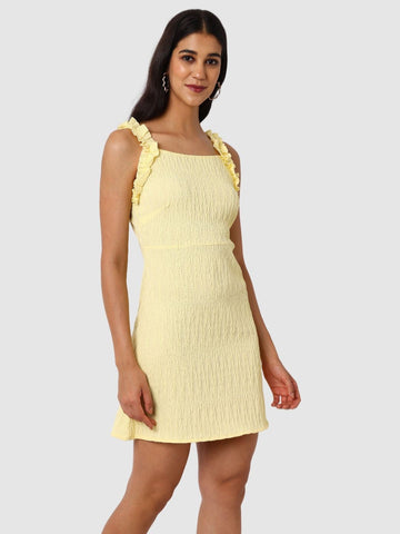 Women's Yellow and Flared Textured Ruffle Dress