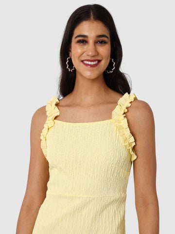 Women's Yellow and Flared Textured Ruffle Dress