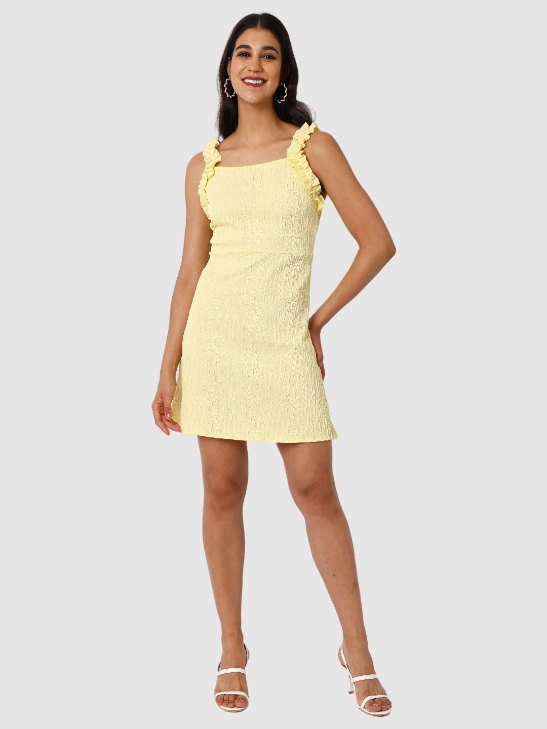 Women's Yellow and Flared Textured Ruffle Dress