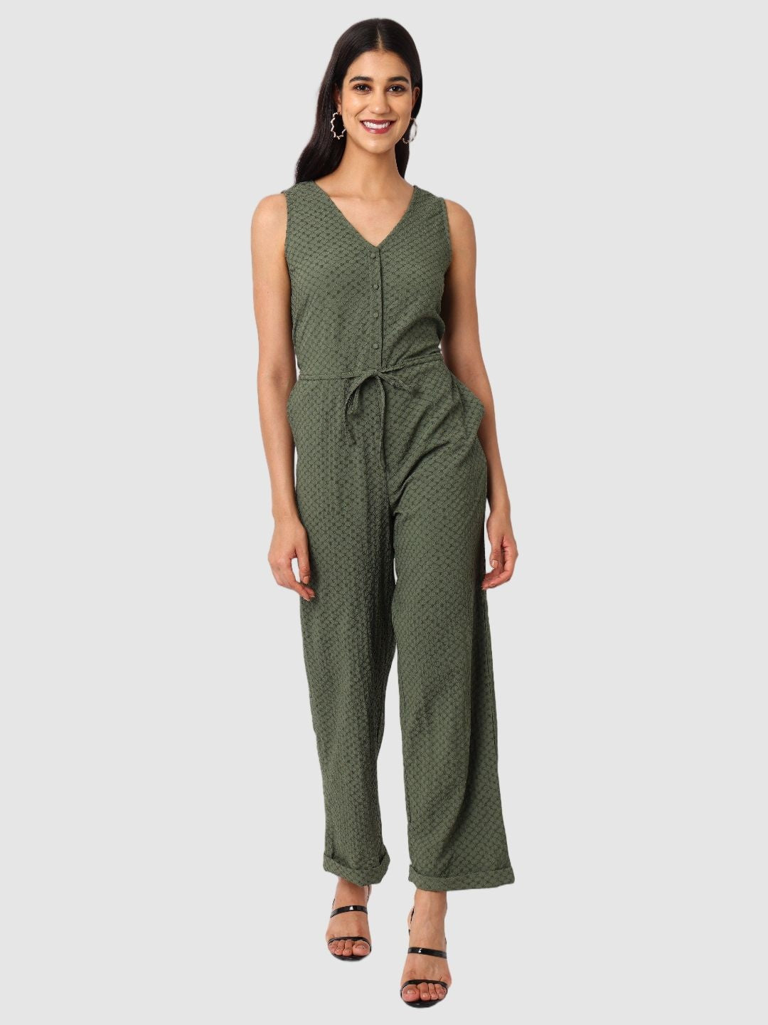 Women's Green Fit Textured Jumpsuit