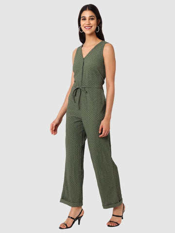 Women's Green Fit Textured Jumpsuit