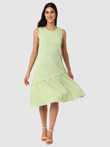Women's Green Fit Textured Tiered Dress
