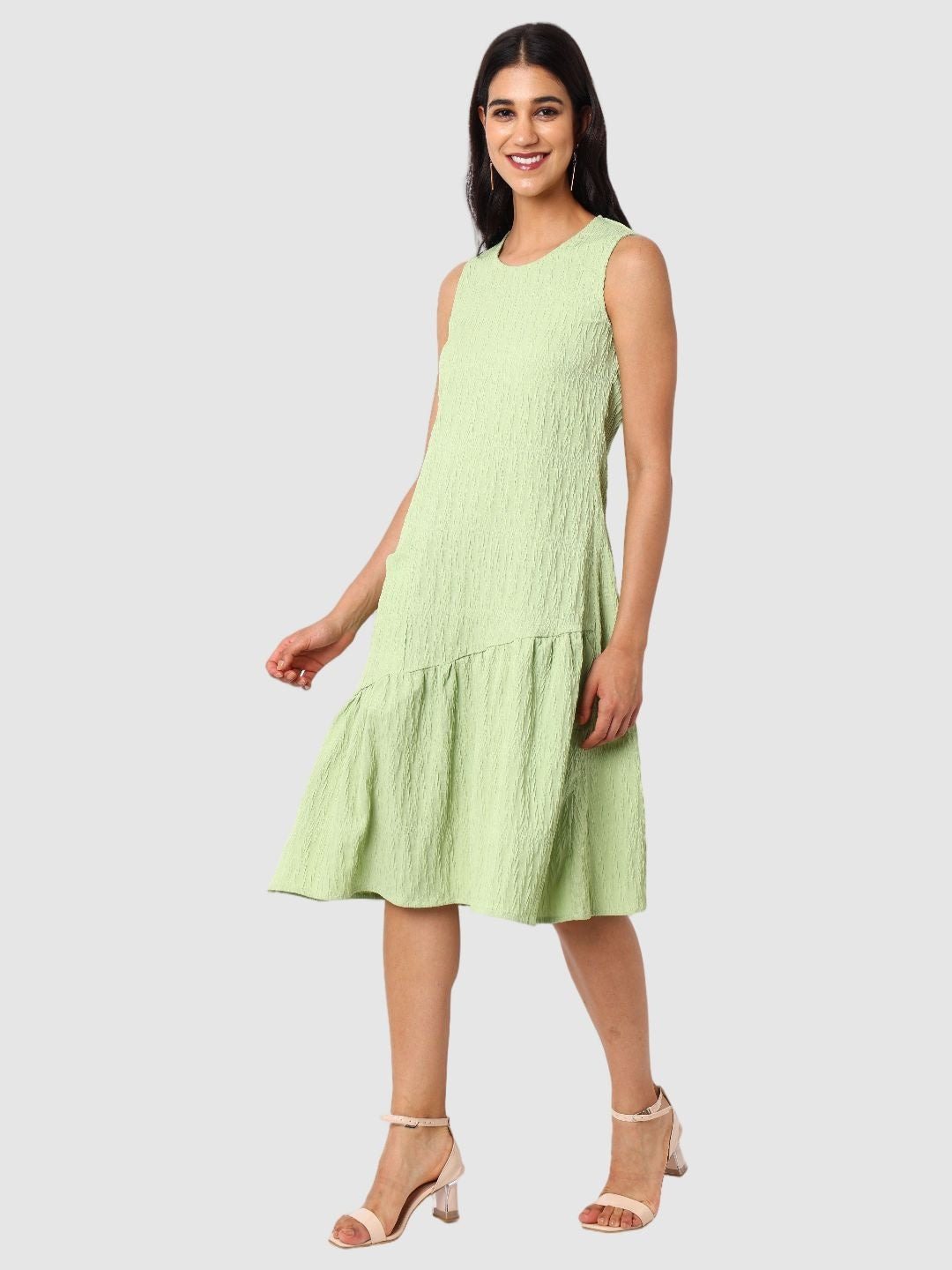 Women's Green Fit Textured Tiered Dress