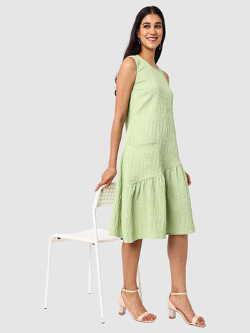 Women's Green Fit Textured Tiered Dress
