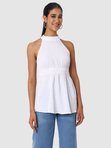 Women's White And Flare Textured Peplum Top