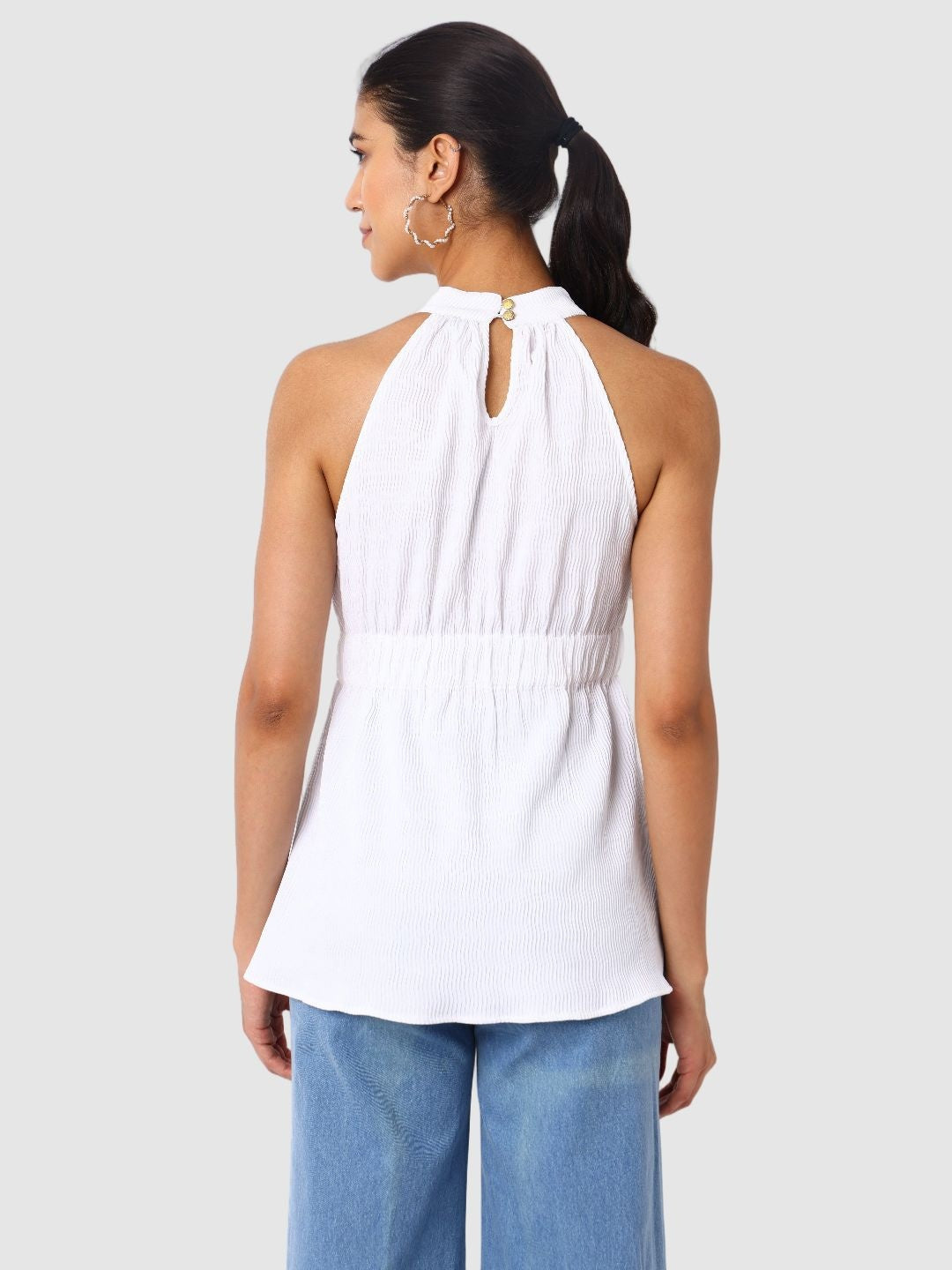 Women's White And Flare Textured Peplum Top