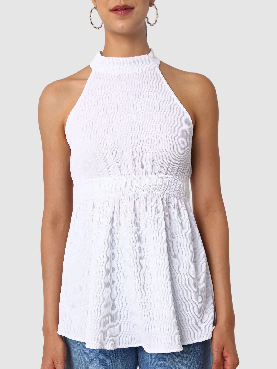 Women's White And Flare Textured Peplum Top