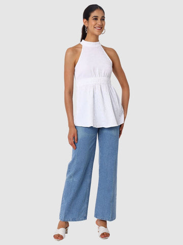 Women's White And Flare Textured Peplum Top