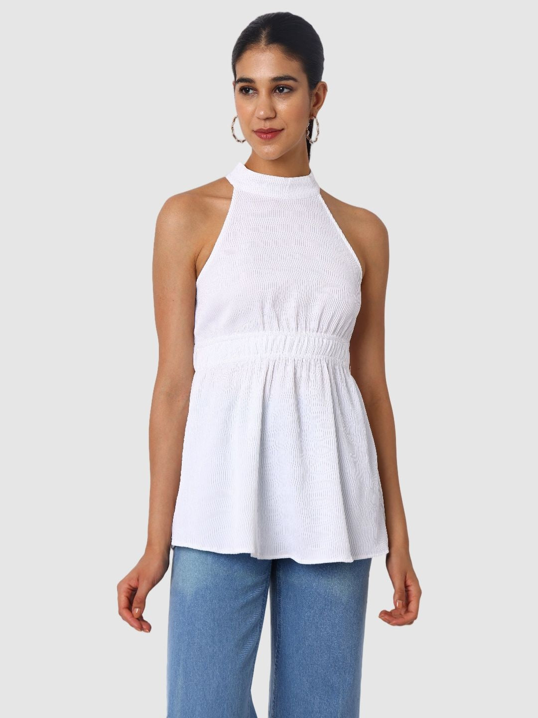 Women's White And Flare Textured Peplum Top