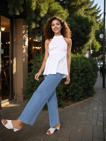 Women's White And Flare Textured Peplum Top