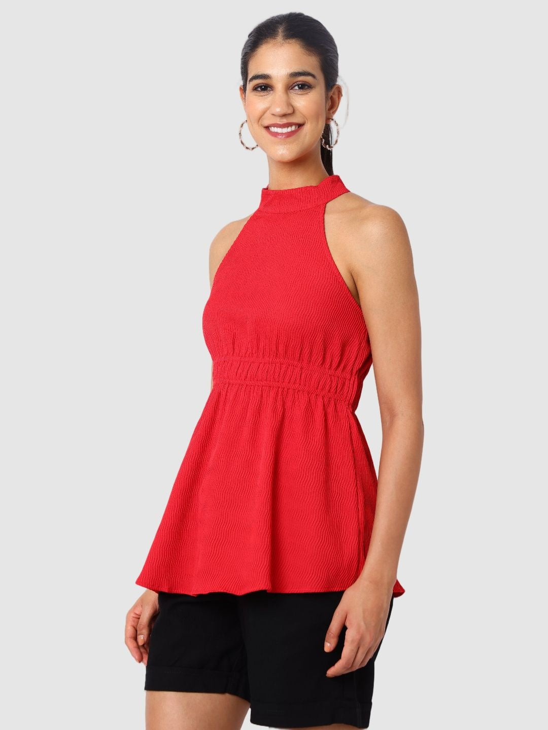 Women's Red And Flare Textured Peplum Top