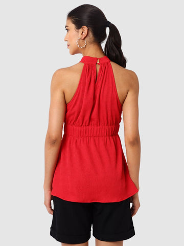 Women's Red And Flare Textured Peplum Top