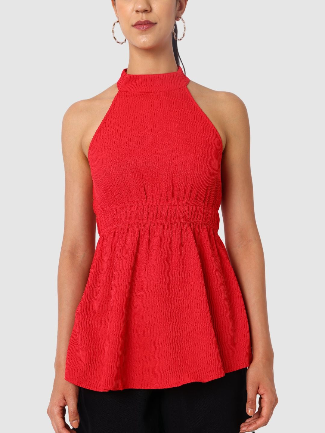 Women's Red And Flare Textured Peplum Top
