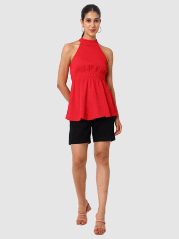 Women's Red And Flare Textured Peplum Top
