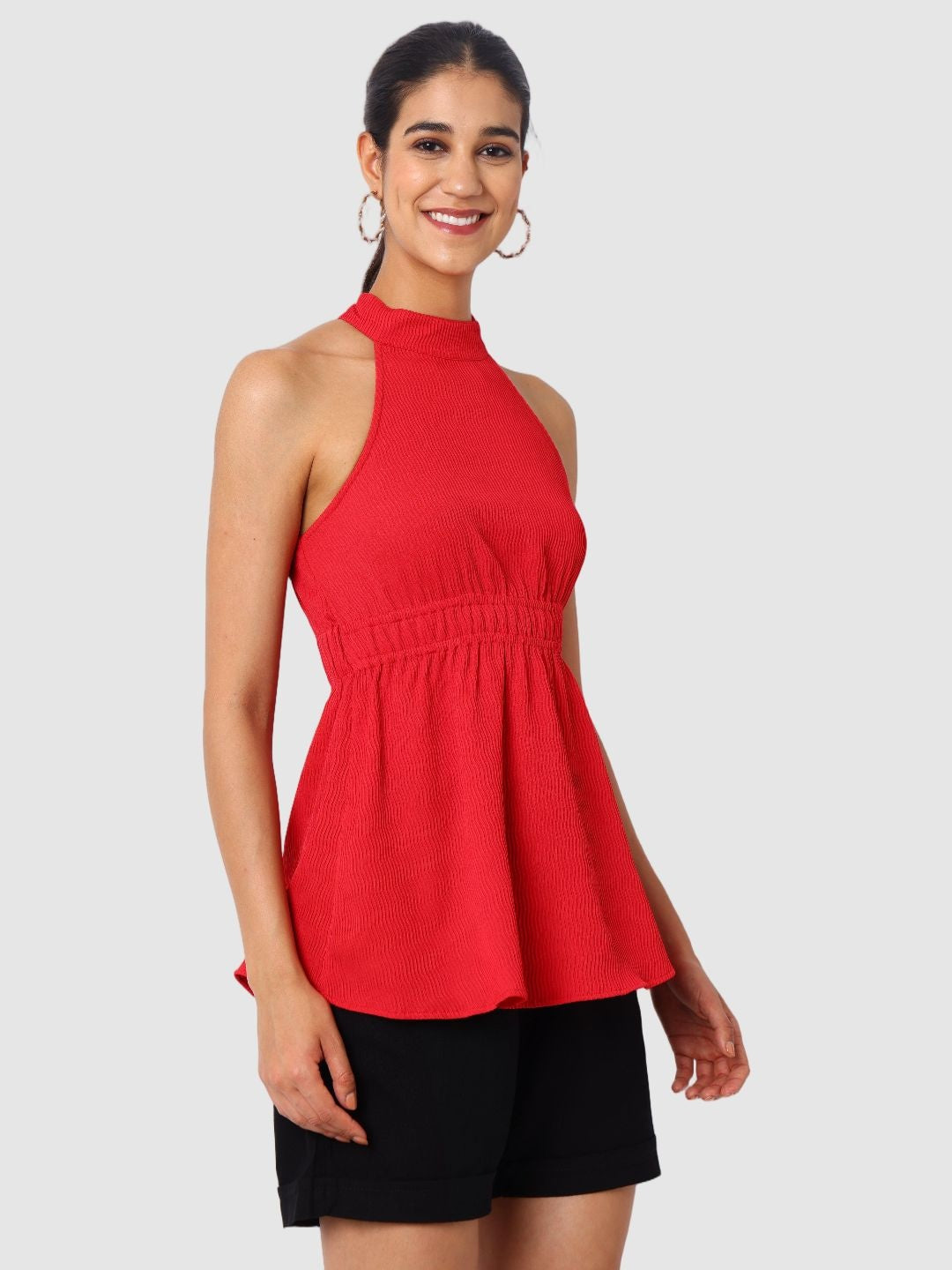 Women's Red And Flare Textured Peplum Top