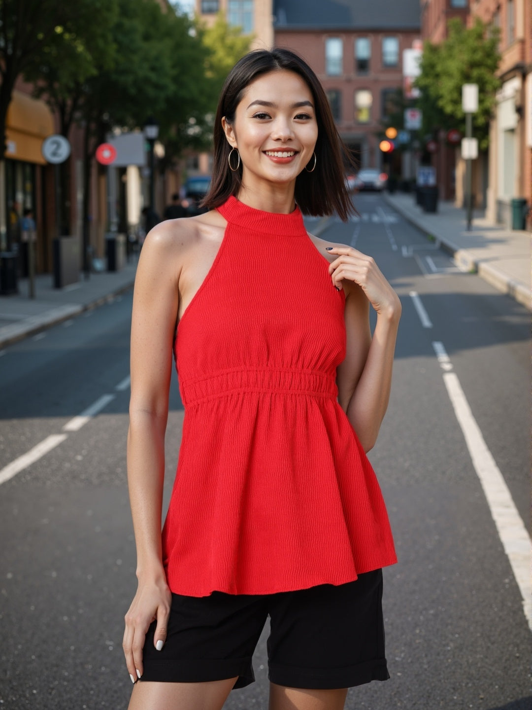Women's Red And Flare Textured Peplum Top