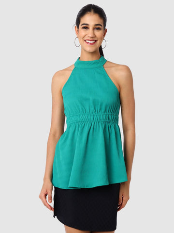 Women's Green And Flare Textured Peplum Top