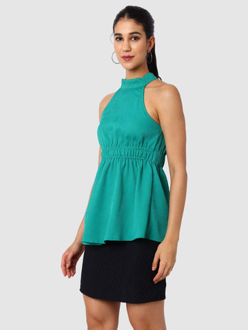 Women's Green And Flare Textured Peplum Top