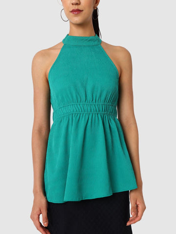 Women's Green And Flare Textured Peplum Top