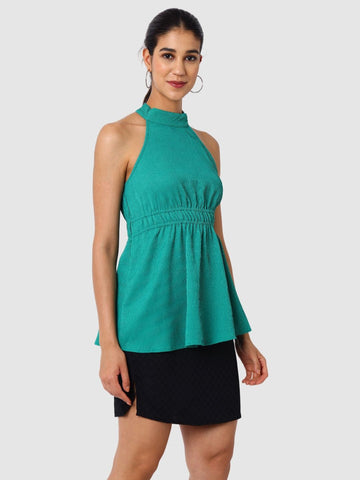 Women's Green And Flare Textured Peplum Top