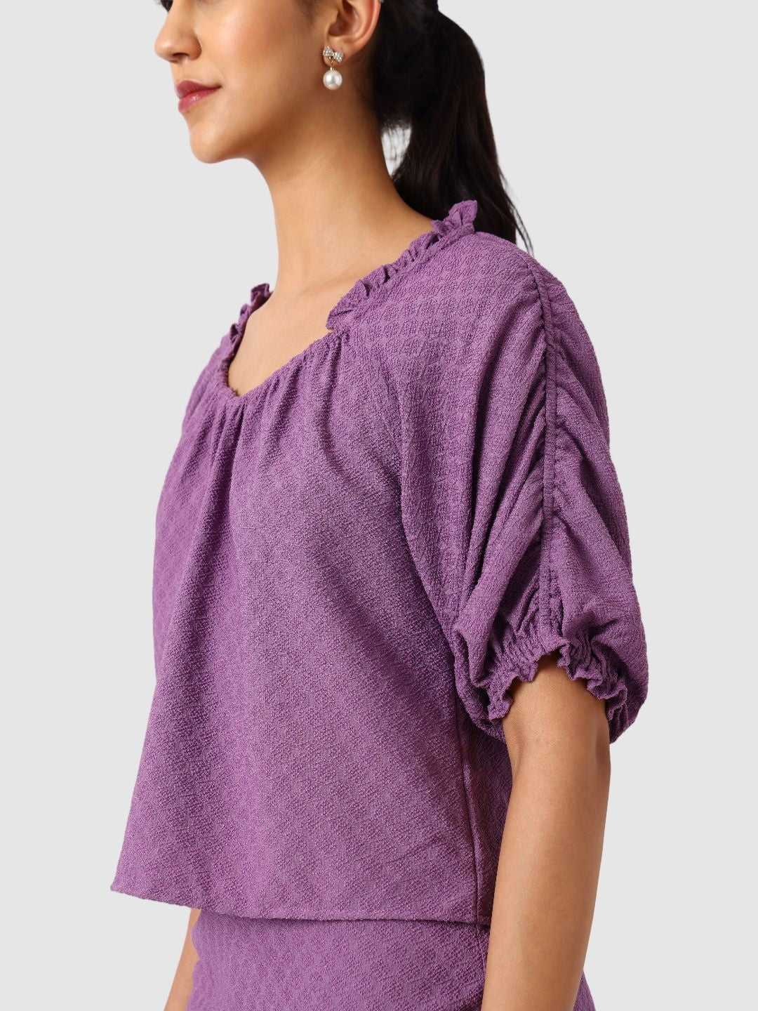 Women's Purple Fit Textured Blouson Top