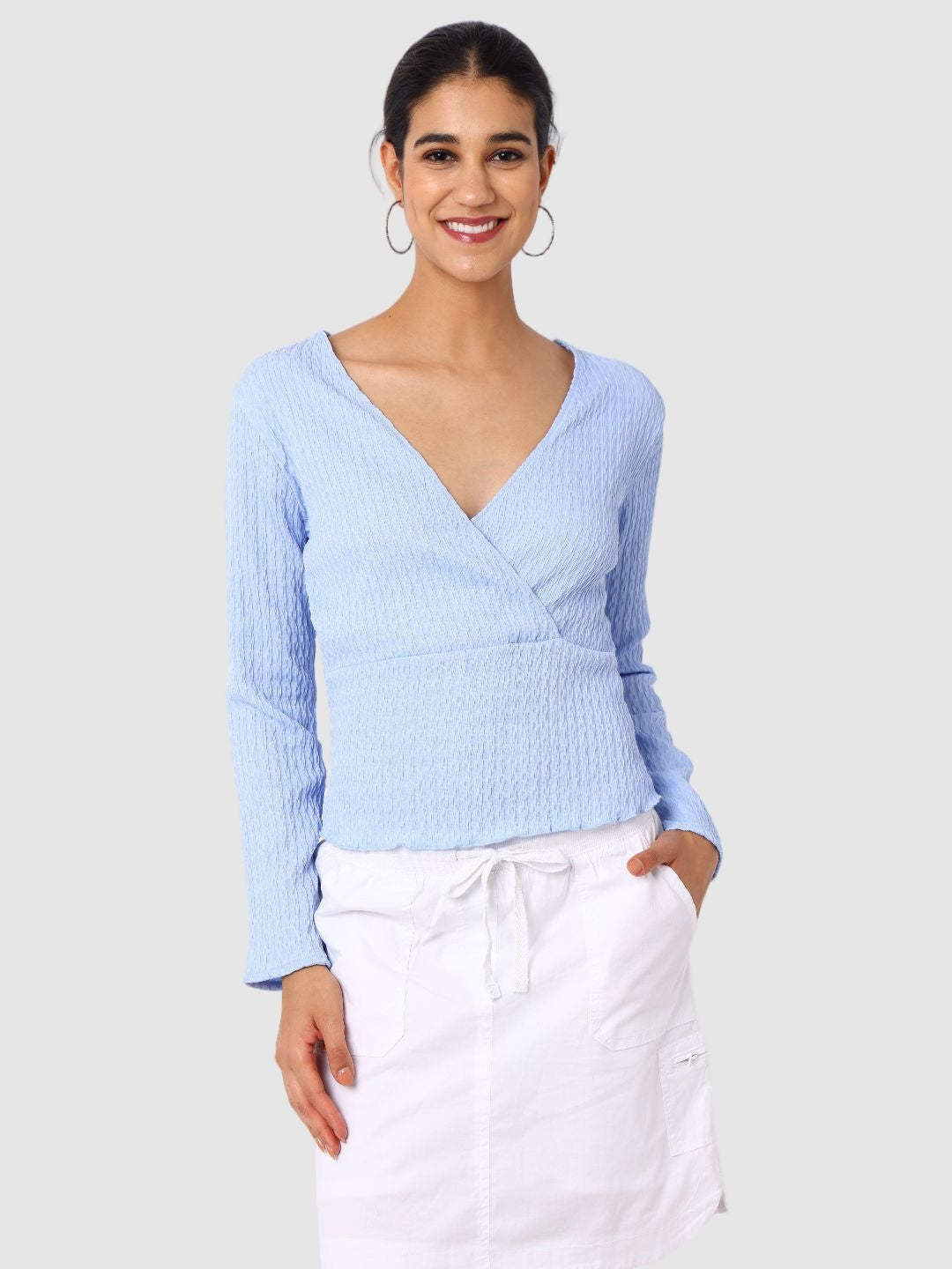 Women's Blue Textured Peplum Top