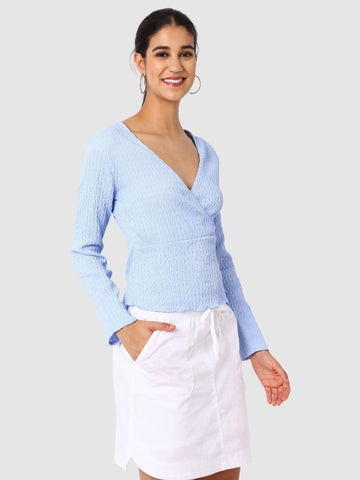 Women's Blue Textured Peplum Top