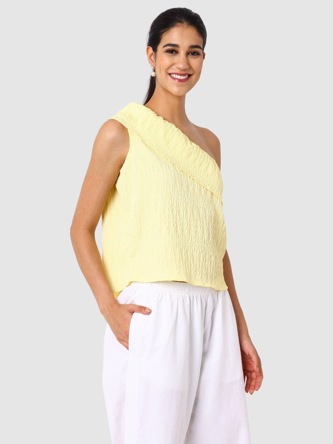 Women's Yellow Fit Textured Ruffled Top