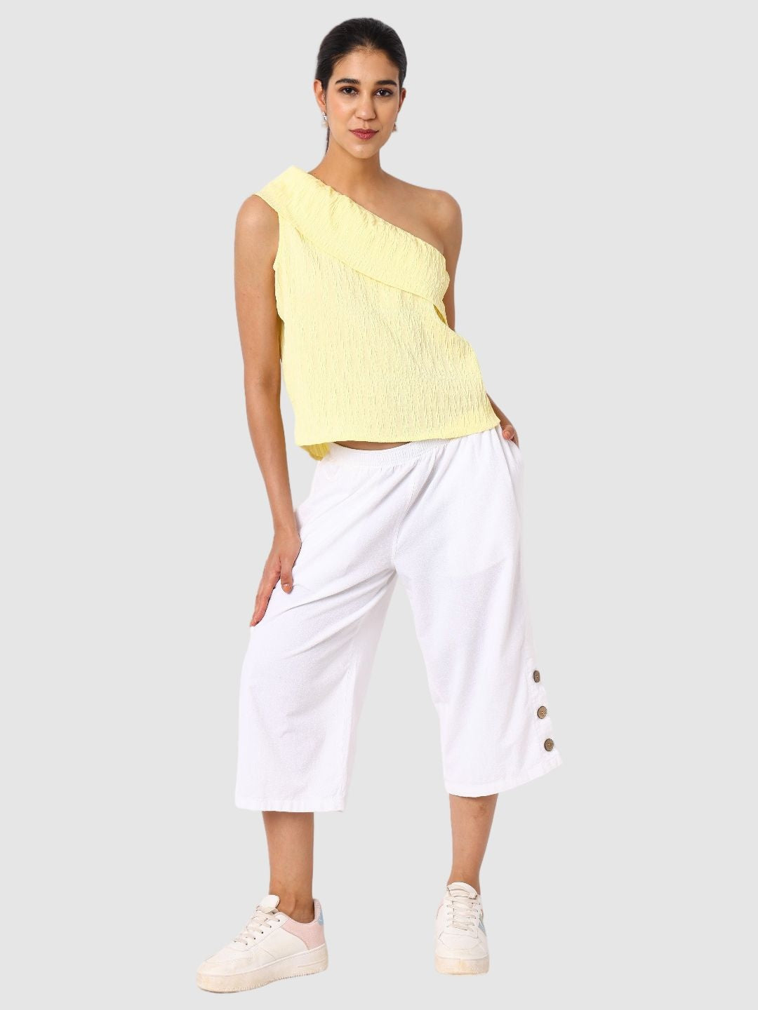 Women's Yellow Fit Textured Ruffled Top