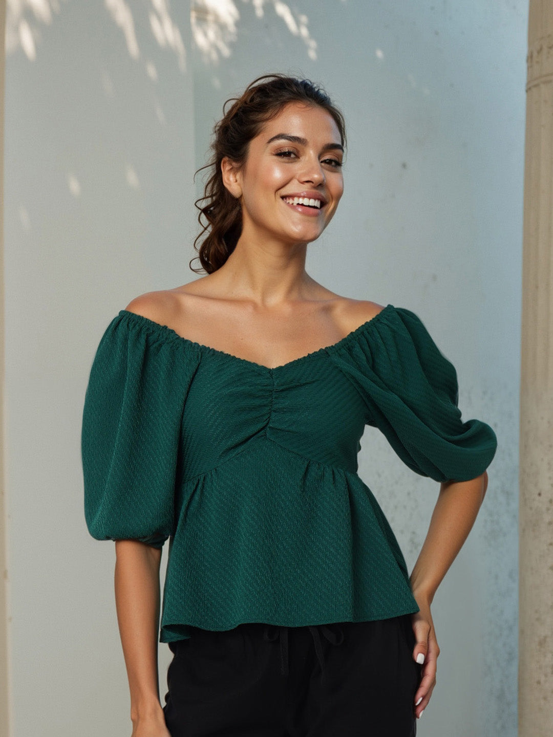 Women's Green Fit Textured Designer Back Top