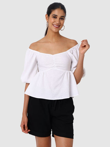 Women's White Fit Textured Designer Back Top