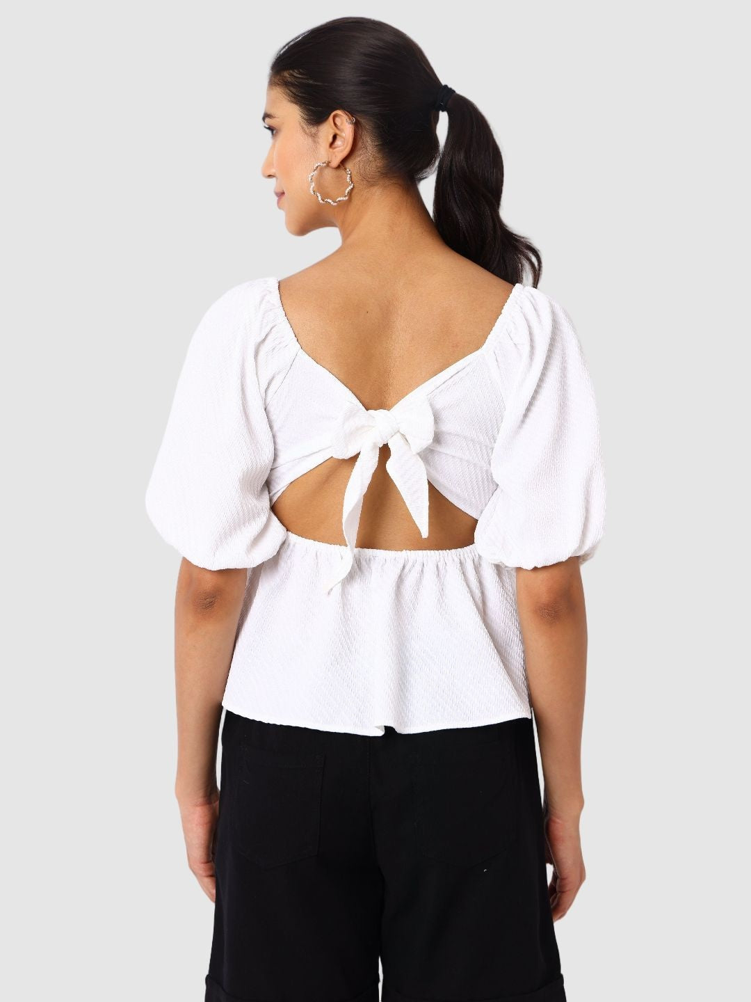 Women's White Fit Textured Designer Back Top