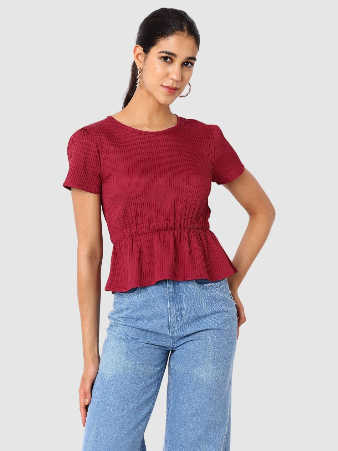Women's Maroon and Flare Textured Cinched Waist Top