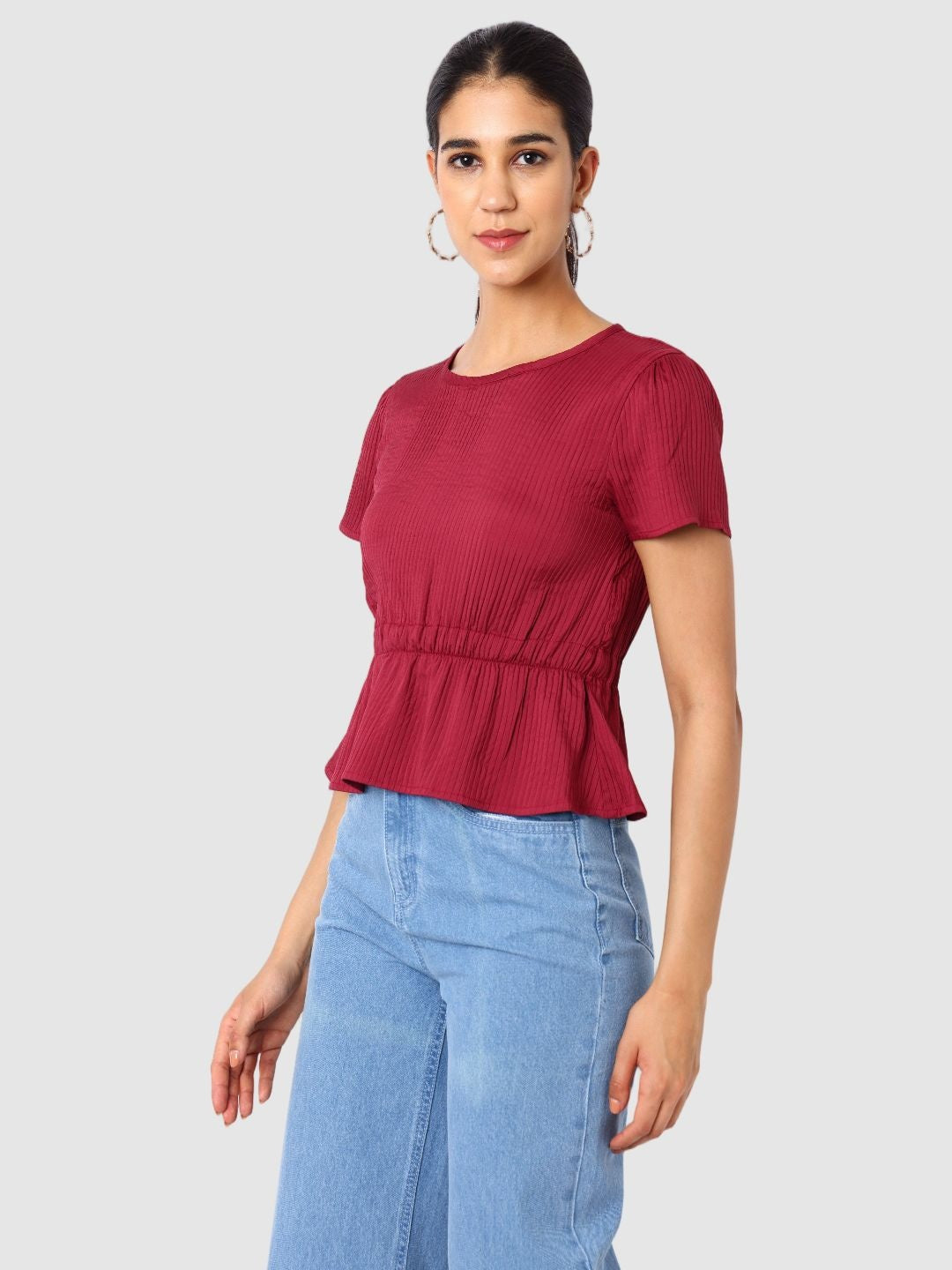 Women's Maroon and Flare Textured Cinched Waist Top
