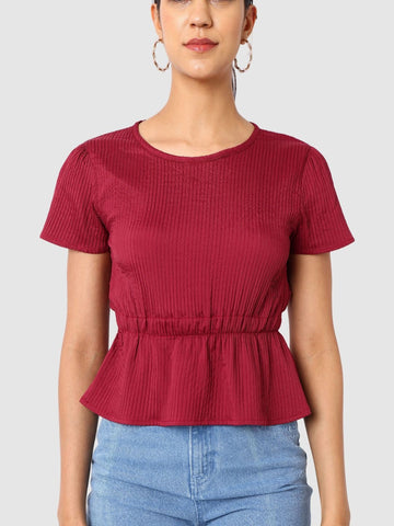Women's Maroon and Flare Textured Cinched Waist Top