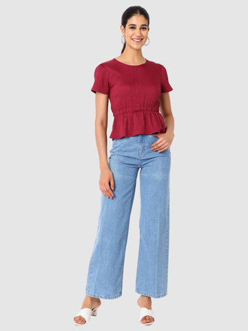 Women's Maroon and Flare Textured Cinched Waist Top