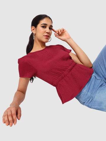 Women's Maroon and Flare Textured Cinched Waist Top