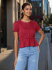Women's Maroon and Flare Textured Cinched Waist Top