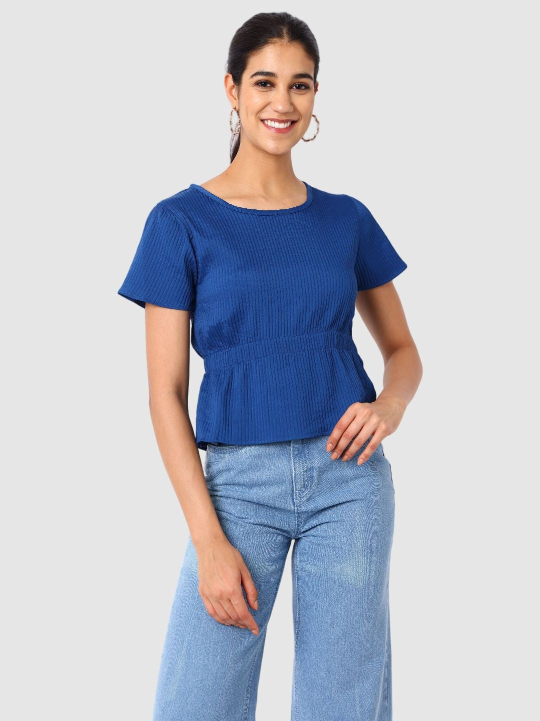 Women's Blue and Flare Textured Cinched Waist Top