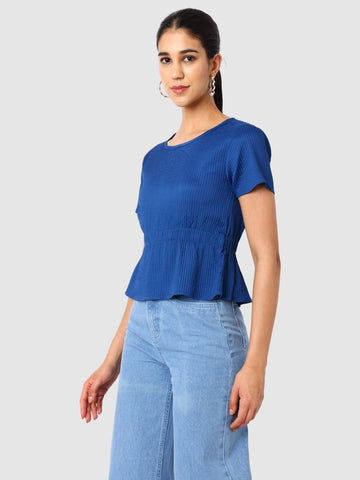 Women's Blue and Flare Textured Cinched Waist Top