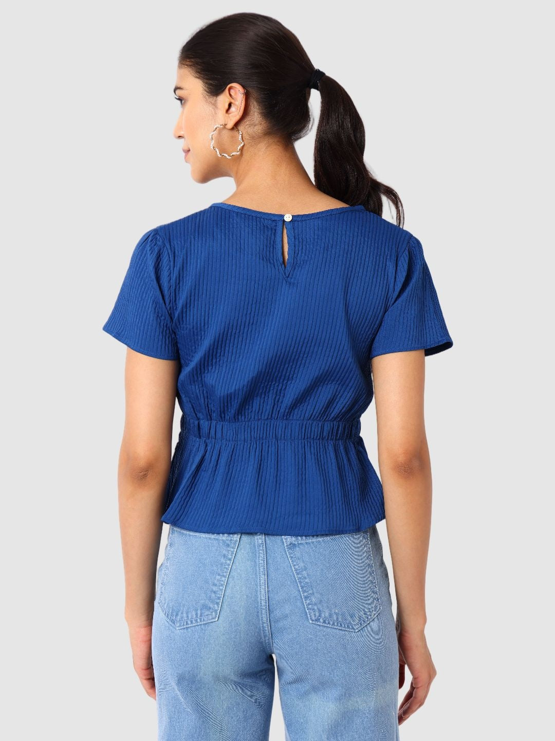 Women's Blue and Flare Textured Cinched Waist Top