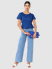 Women's Blue and Flare Textured Cinched Waist Top
