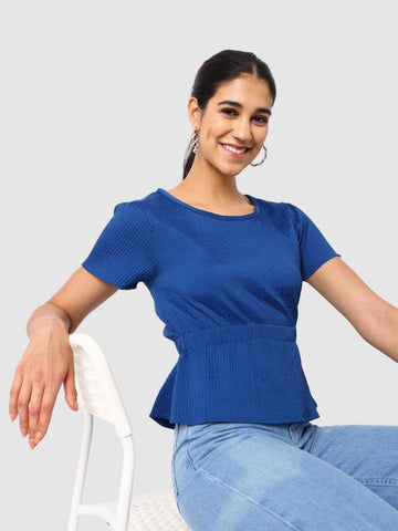 Women's Blue and Flare Textured Cinched Waist Top