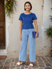 Women's Blue and Flare Textured Cinched Waist Top