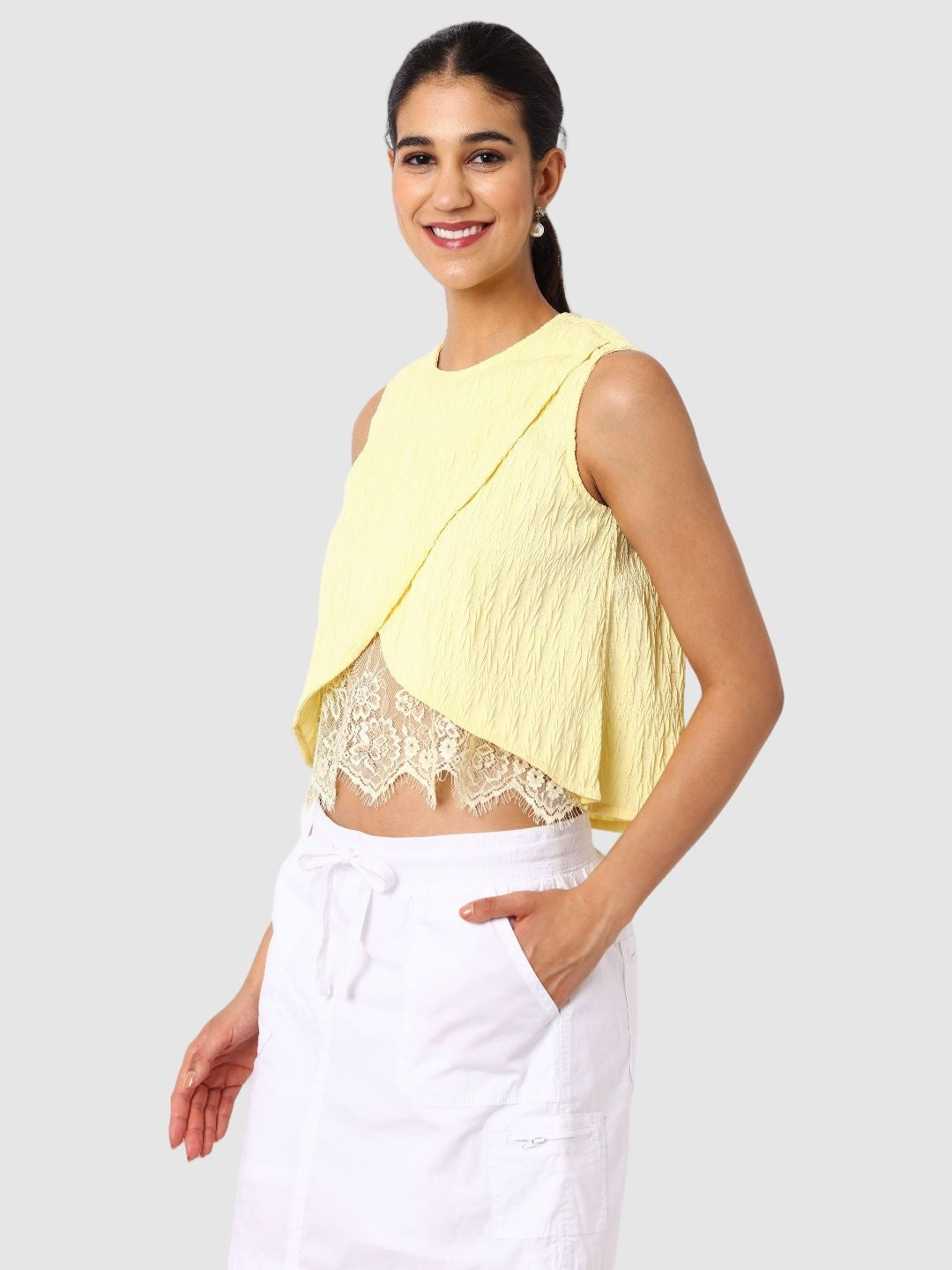 Women's Yellow Fit Textured Crop Top
