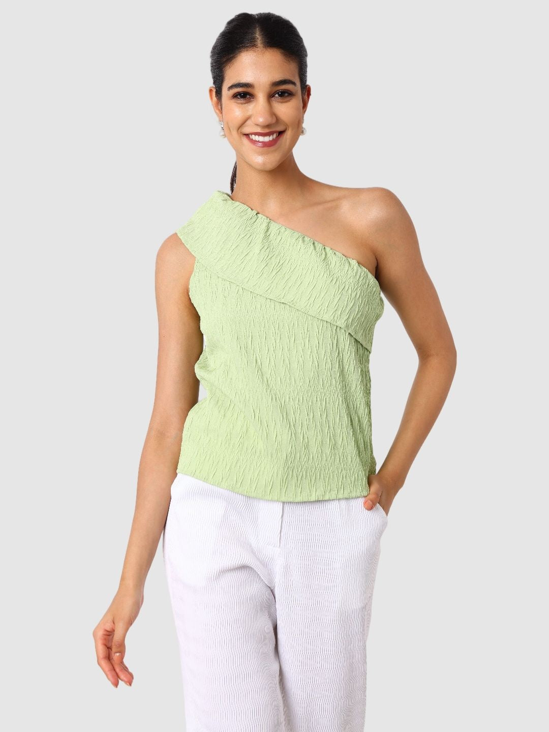 Women's Green Fit Textured Ruffled Top