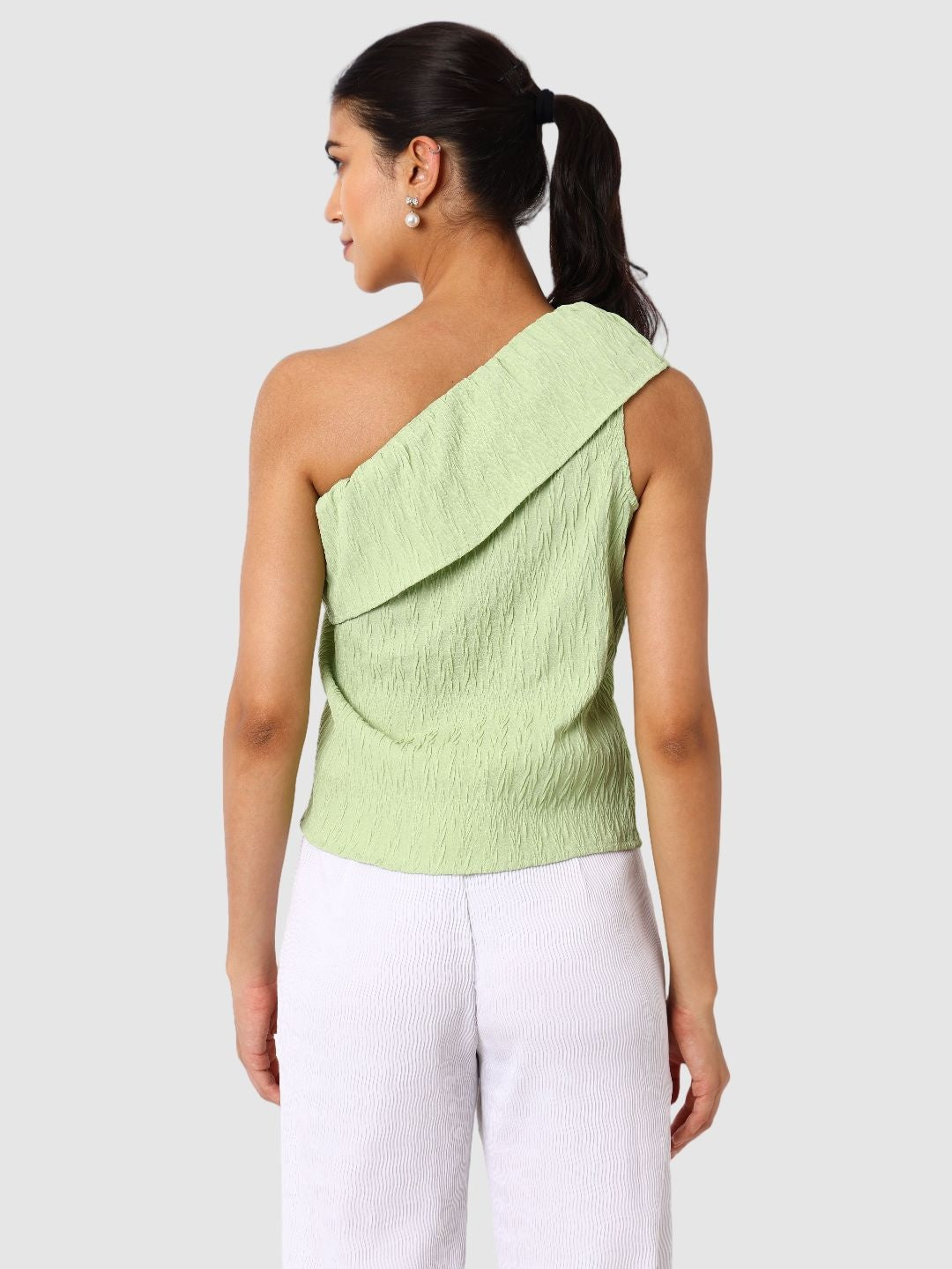 Women's Green Fit Textured Ruffled Top