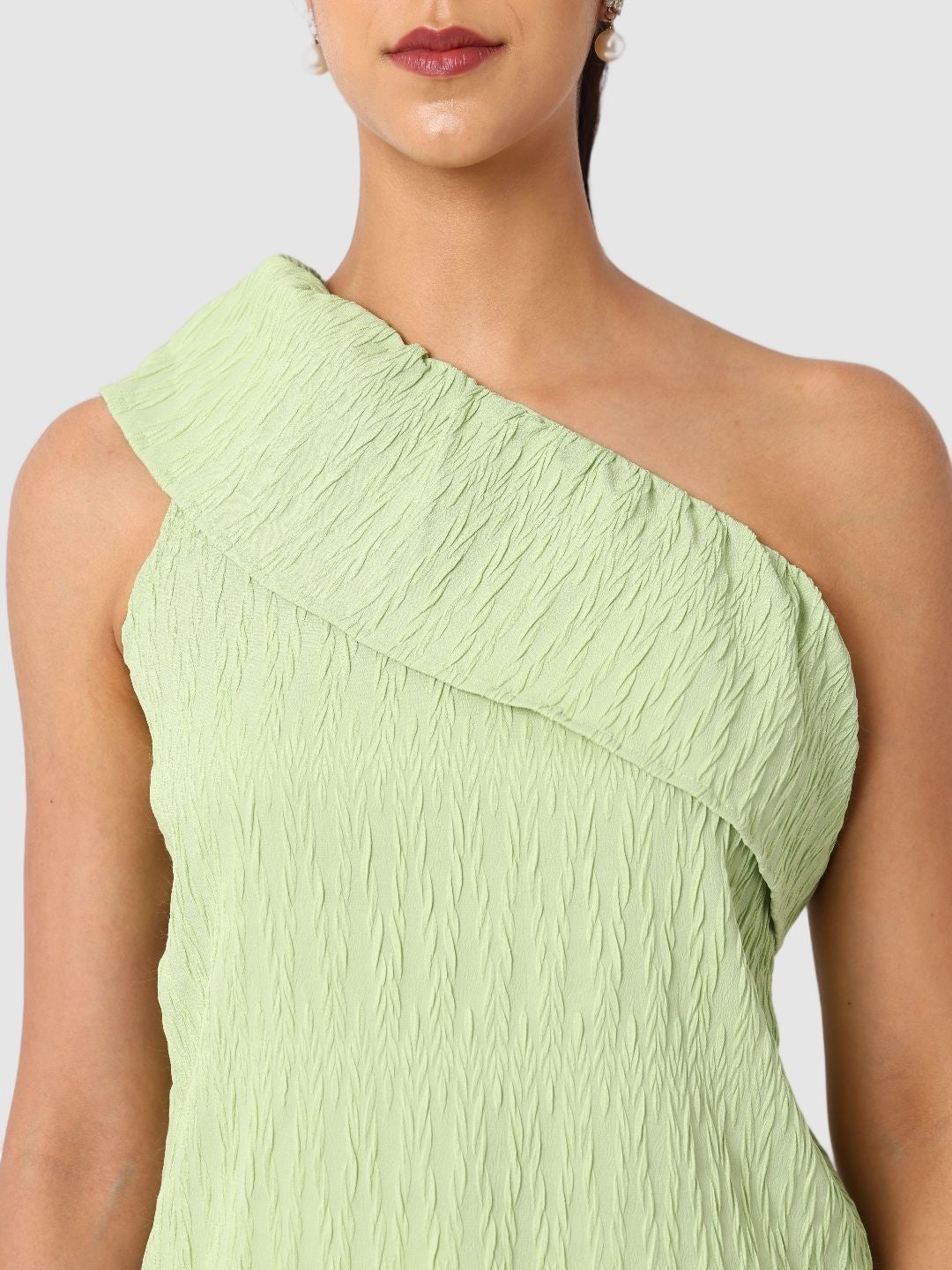 Women's Green Fit Textured Ruffled Top