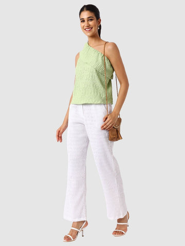 Women's Green Fit Textured Ruffled Top