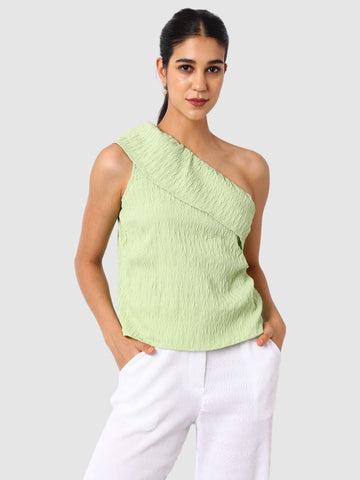 Women's Green Fit Textured Ruffled Top